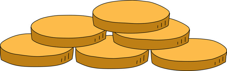 A handful of yellow coins on a white background. Hand-drawn vector illustration