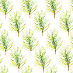 Christmas watercolor illustration in picturesque style. Seamless pattern with a branch and berries of mistletoe on white background. New year decoration.