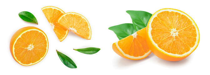 orange with leaves isolated on white background. Top view. Flat lay