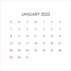 Calendar for January 2023 in a minimalistic style. Vector