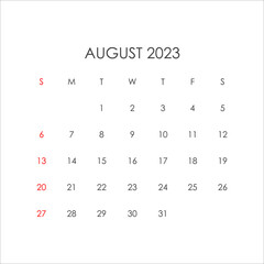 Calendar for august 2023 in a minimalist style. Vector