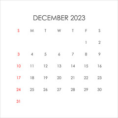 Calendar for December 2023 in a minimalist style. Vector