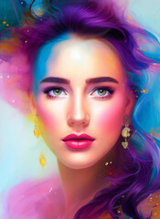 Obraz na płótnie Canvas Colorful painting of a beautiful woman's face, Portrait of a beautiful woman, Abstract Illustration of a beautiful girl