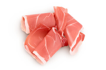 Italian prosciutto crudo or spanish jamon. Raw ham isolated on white background with full depth of field. Top view. Flat lay