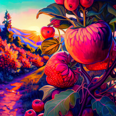 Lush Fruit growing in an orchard during golden hour