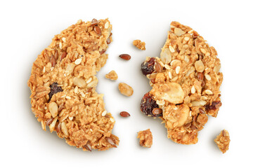 Granola cookie isolated on white background with full depth of field. Top view. Flat lay.