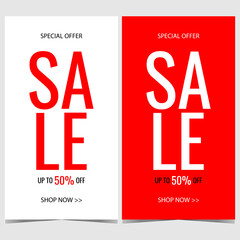 Sale banner template in minimalist modern style. Vector illustration in red and white colors suitable for sale and discount season, special offer, good deal, price reduction announcement and promotion