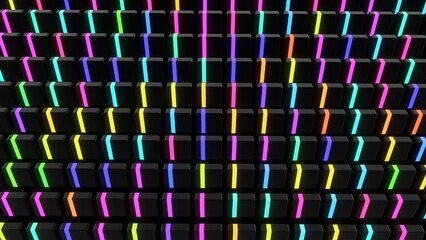 3d render. Beautiful motion design background with simple geometric shapes and neon light. Geometric background with neon light, multi color blocks like light bulbs with multicolor light.