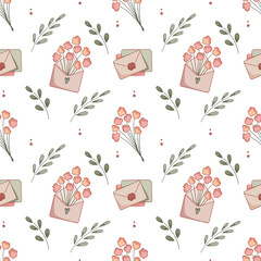Cute and romantic seamless pattern with envelopes and flowers. Vector illustration