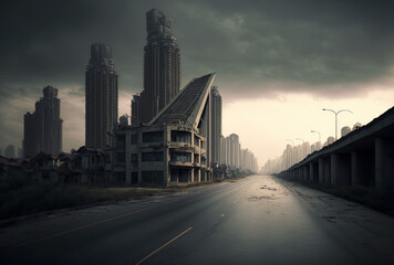 asphalt road in a Chinese contemporary metropolis is deserted. Generative AI