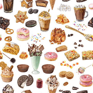 Watercolor seamless pattern with sweet desserts and coffee drinks on isolated background. Illustration for textures, wallpapers, fabrics, postcards. 