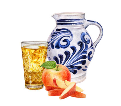 Watercolor illustration composition of traditional apple wine in a glass and a jug of wine and apple isolated on white background. German apple wine in an old jug, glass for cider, apple.
