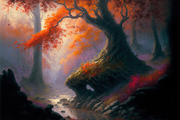 Fototapeta na wymiar Oil painting of an autumn tree and river.