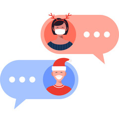 online christmas concept. Cute person character with medical mask