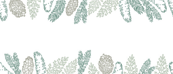Border of pine branches and cones. Horizontal holiday seamless banner. Christmas, New Year design. Simple vector ink sketch style.