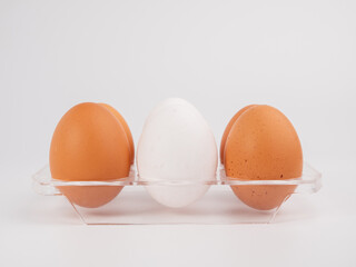 Chicken eggs on a white background. White and brown egg on a white background.