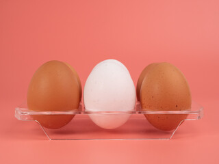 Chicken eggs on a pink background. White and brown egg on a pink background.