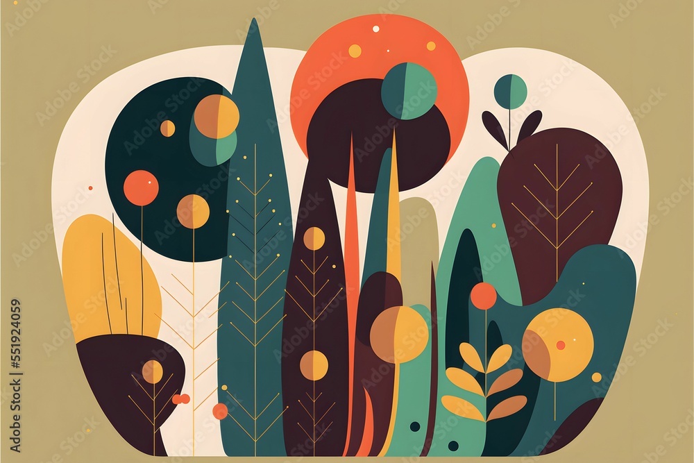 Poster digital illustration of an abstract colorful simple tree design pattern for wallpapers