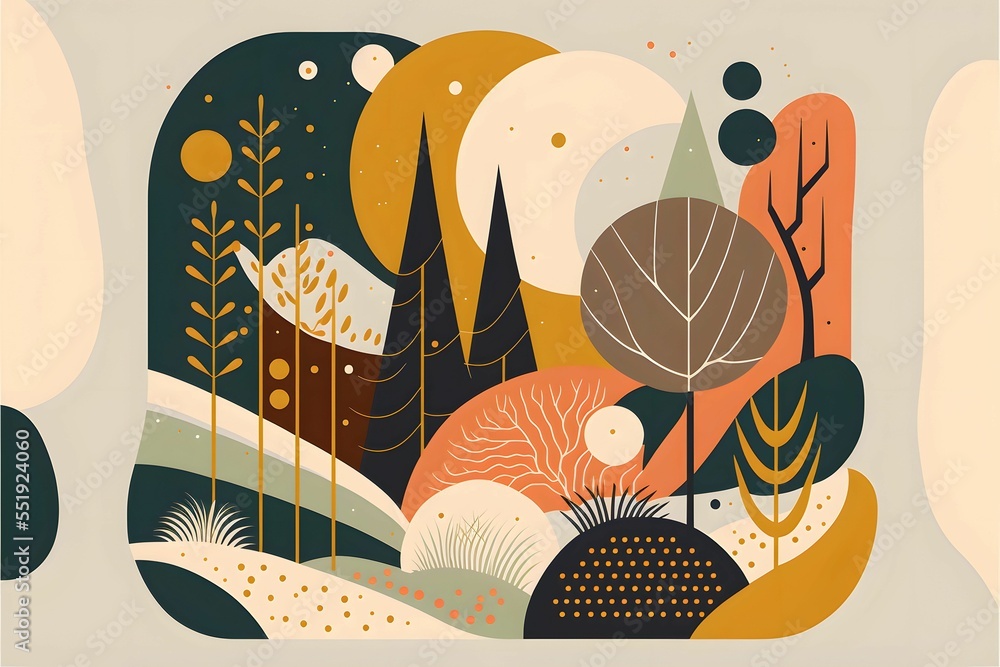 Poster digital illustration of an abstract colorful simple tree design pattern for wallpapers