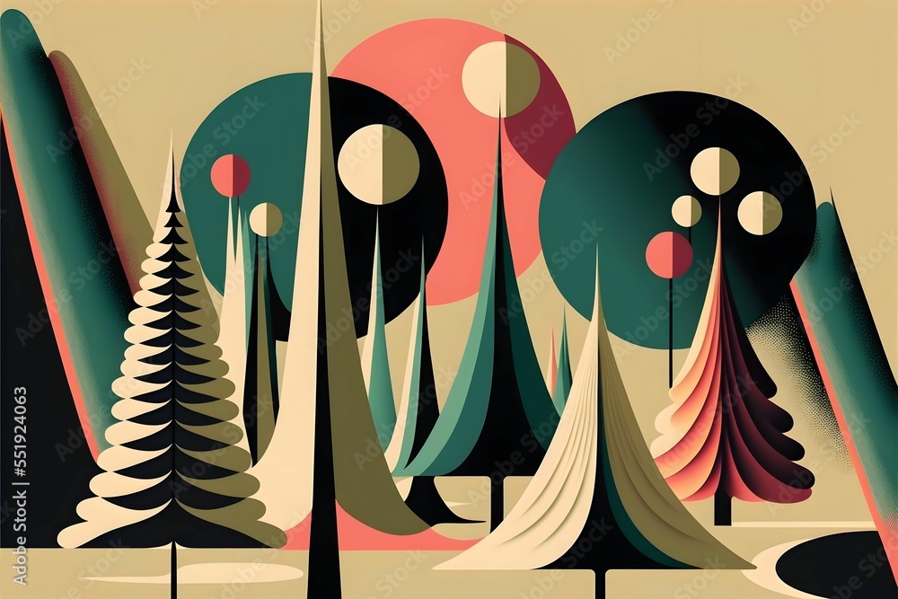 Poster digital illustration of an abstract colorful simple tree design pattern for wallpapers