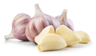 Garlic bulb and clove isolated. Garlic bulbs with cloves on white background. Garlic bulb composition. With clipping path. Full depth of field. - obrazy, fototapety, plakaty