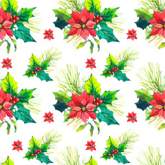 Christmas watercolor illustration in picturesque style. Seamless pattern with a branch and berries of mistletoe on white background. New year decoration.