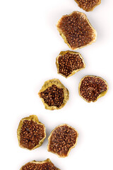 Set with delicious dried fig fruits on white background