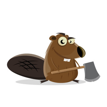 funny cartoon illustration of a happy beaver holding a big axe