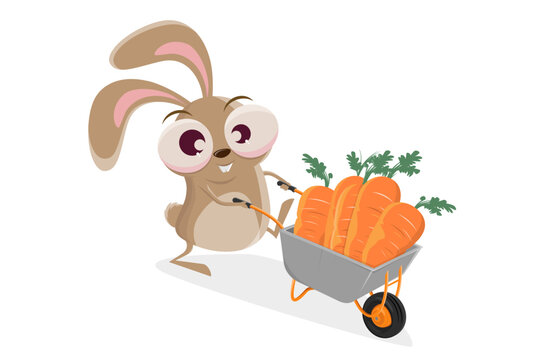 funny cartoon rabbit with wheelbarrow full of carrots