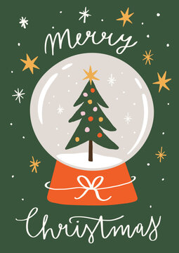 Holiday Graphic With Handwritten Phrase &bdquo;Merry Christmas&rdquo;. Cute Illustration With Christmas Tree Inside Of A Snow Globe. Ideal For Greeting Card Design, Or Seasonal Wall Decoration.