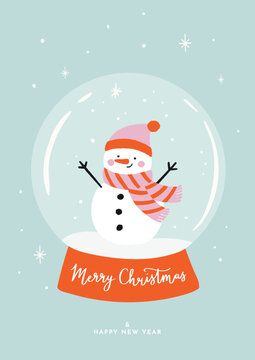 Holiday Vector Illustration With Happy Snowman Inside Of A Snow Globe. Handwritten &rdquo;Merry Christmas&rdquo; Wishes. Perfect For Holiday Poster Or Greeting Card. Isolated Elements.