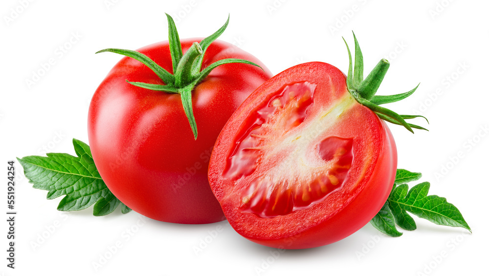 Wall mural tomato isolated. tomatoes with leaf on white background. tomato and a half side view composition. fu