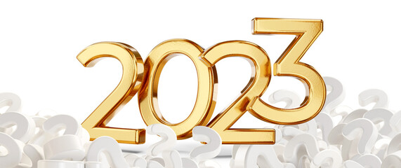 Fototapeta na wymiar year 2023 golden symbol with a pile of question marks, 3d-illustration