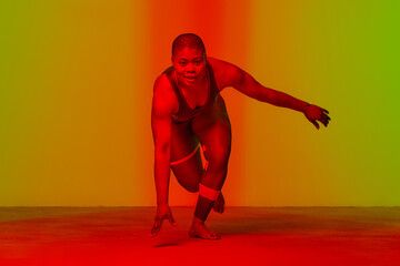 Physical Activity. Full Length Vertical Portrait Of Body Positive Young Black Female In Sports Top Bra And Leggings Posing At Studio Looking At Camera Isolated On Neon Pink Studio Background, Banner