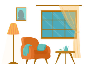 The interior of the living room with a window and furniture in the evening. Vector image of a room interior with an orange armchair, a floor lamp, a table and a teapot.