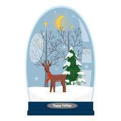 A magical snowball on a white background. A crystal ball with trees and a deer, with a snowy Christmas tree, falling snowflakes, a moon and stars. Festive design postcards, poster, site.