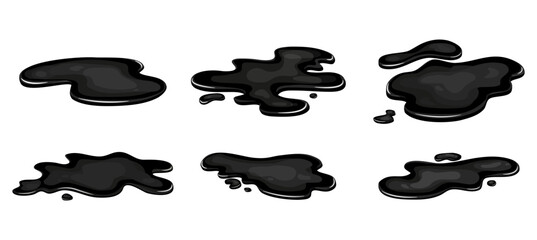 Set of Spill of black oil puddle industry. Stain ink drop of petrol liquid shape. Vector cartton illustration