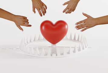 Woman hands try to catch heart over a snare, a trap on a light background. The concept of being...