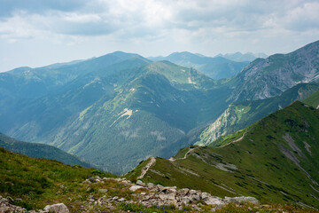Fototapeta premium Beautiful view of the Tatra Mountains landscape. View of the mountains from the top. High mountain landscape.