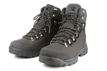 Pair of winter trekking boots isolated on white