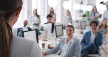 Presentation, question or woman speaker hand in conference, work training or business workshop. Audience, teamwork or leadership with girl mentor for learning, innovation speech or company strategy - Powered by Adobe