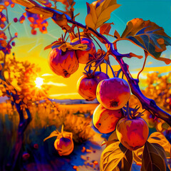 Delicious fruit growing during golden hour