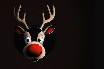 Cartoon Rudolph the red nosed reindeer portrait on black background