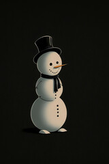 Classic snowman wearing a scarf and top hat on black background