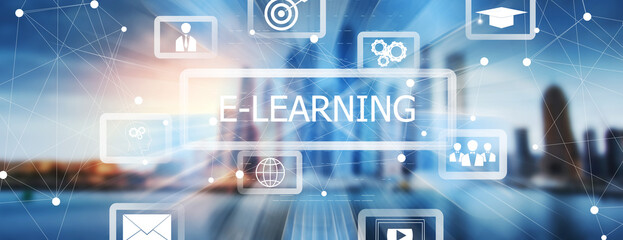 E-learning and virtual screen icons.