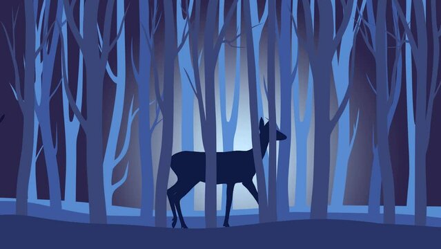Beautiful night landscape with moose and roe deer, walking in the forest (animation, seamless loop)