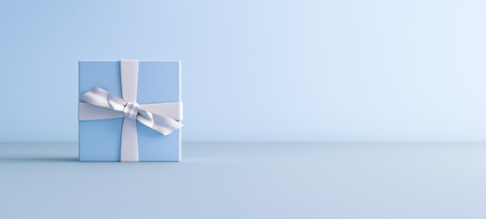 Mock-up poster, baby blue gift box with white bow on light blue background, 3D Render, 3D Illustration.