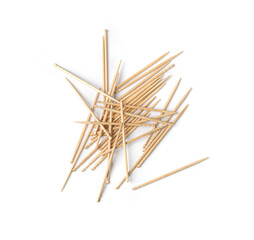 Wooden Toothpicks on White Background with Copy Space, Flat Lay Tooth Picks, Wood Toothpicks Top View Mockup