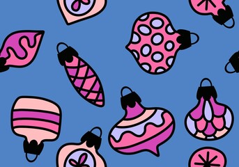 Cartoon Christmas tree balls seamless line art toys pattern for wrapping paper and fabrics and linens and kids