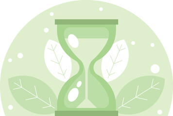 Hourglass on the background of leaves. Time saving concept. Vector graphics